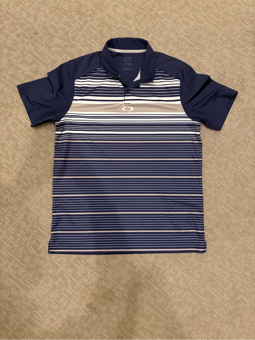 Oakley Men's Navy, White & Tan Striped Golf Polo